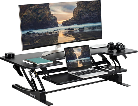 VIVO 48 inch Height Adjustable Large Stand Up Desk Converter, V Series, Quick Sit to Stand Tabletop Dual Monitor Riser Workstation, Black, DESK-V048V
