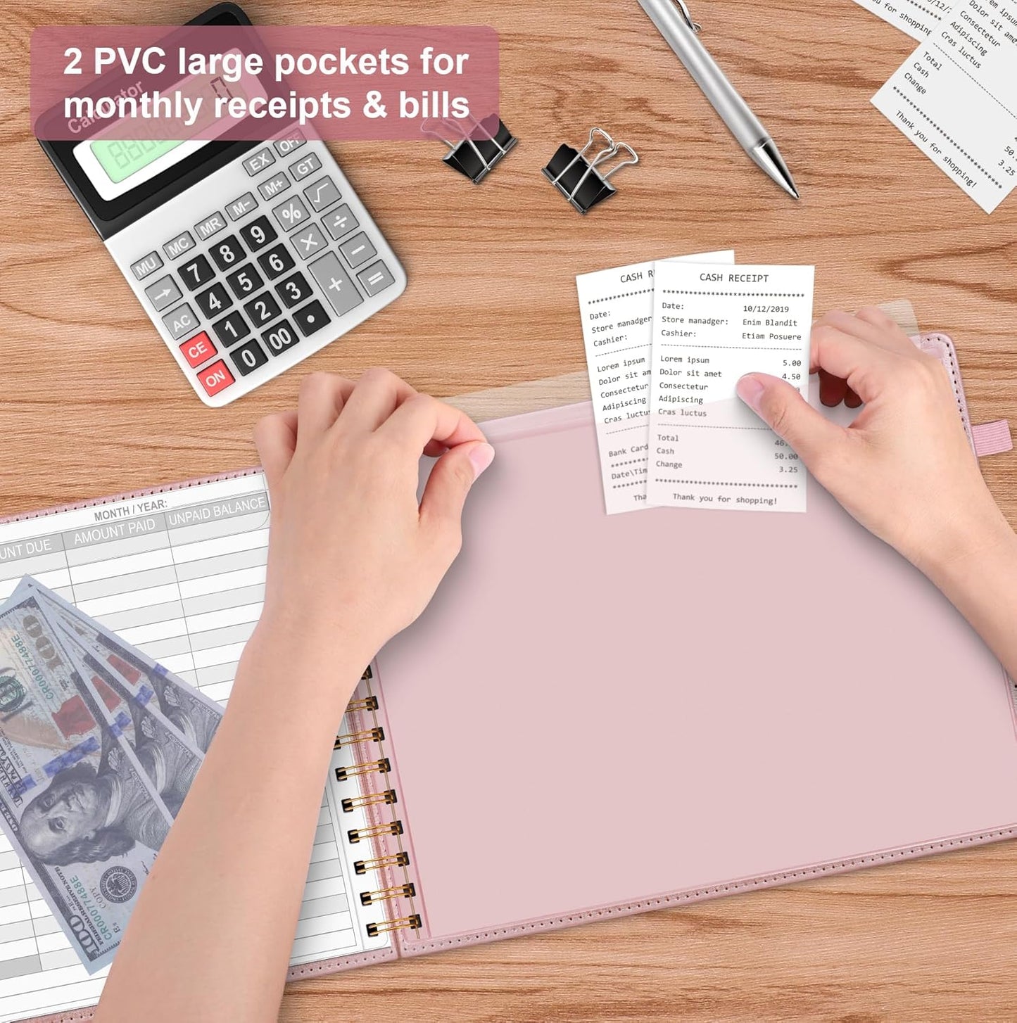 HAUTOCO Hardcover Bill Tracker Notebook Horizontal Monthly Bill Payment Organizer for Personal Budgeting Home Finance with 2 Storage Pocket Expense Checklist Tracking Planner 10.78 x 8'', Rose Gold