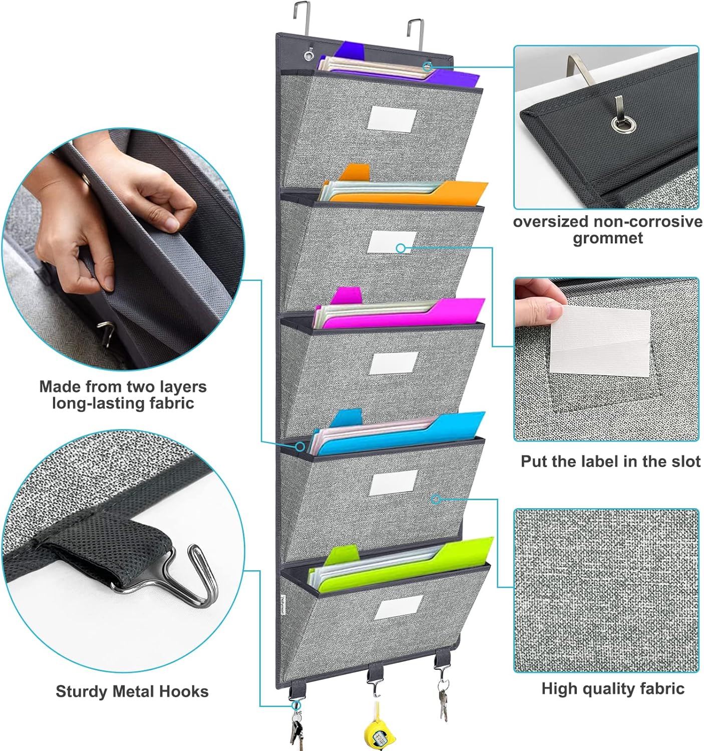 homyfort Over the Door Wall File Organizer, Hanging File Folders Organizer with 5 Large Pockets for Office and Back to School Supplies, Papers, Charts, Mails, Magazine Storage and Organization