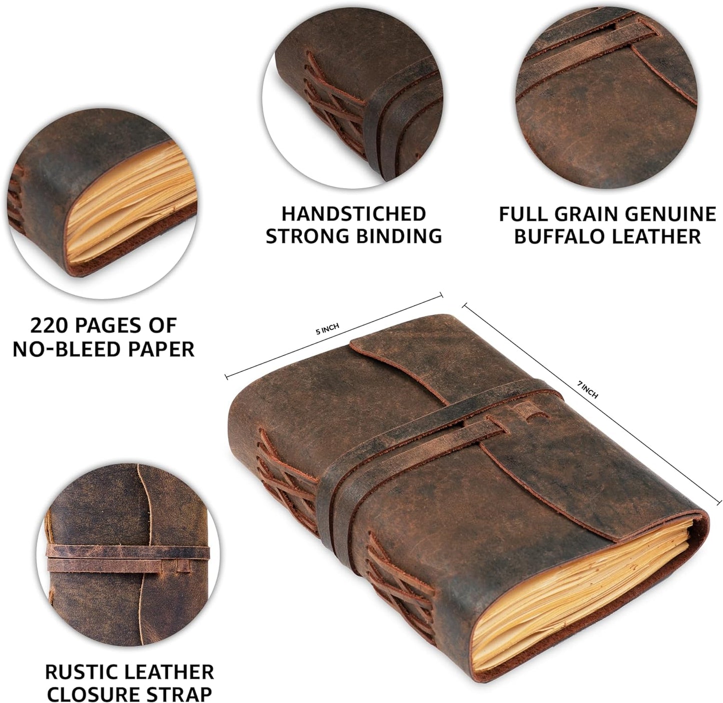 LEATHER VILLAGE Leather Bound Journal - Dark Brown, 7"X5", 220 Pages - Vintage Blank Paper Diary for Writing, Drawing, Sketchbook, and Travel Notebook - Ideal for Women and Men