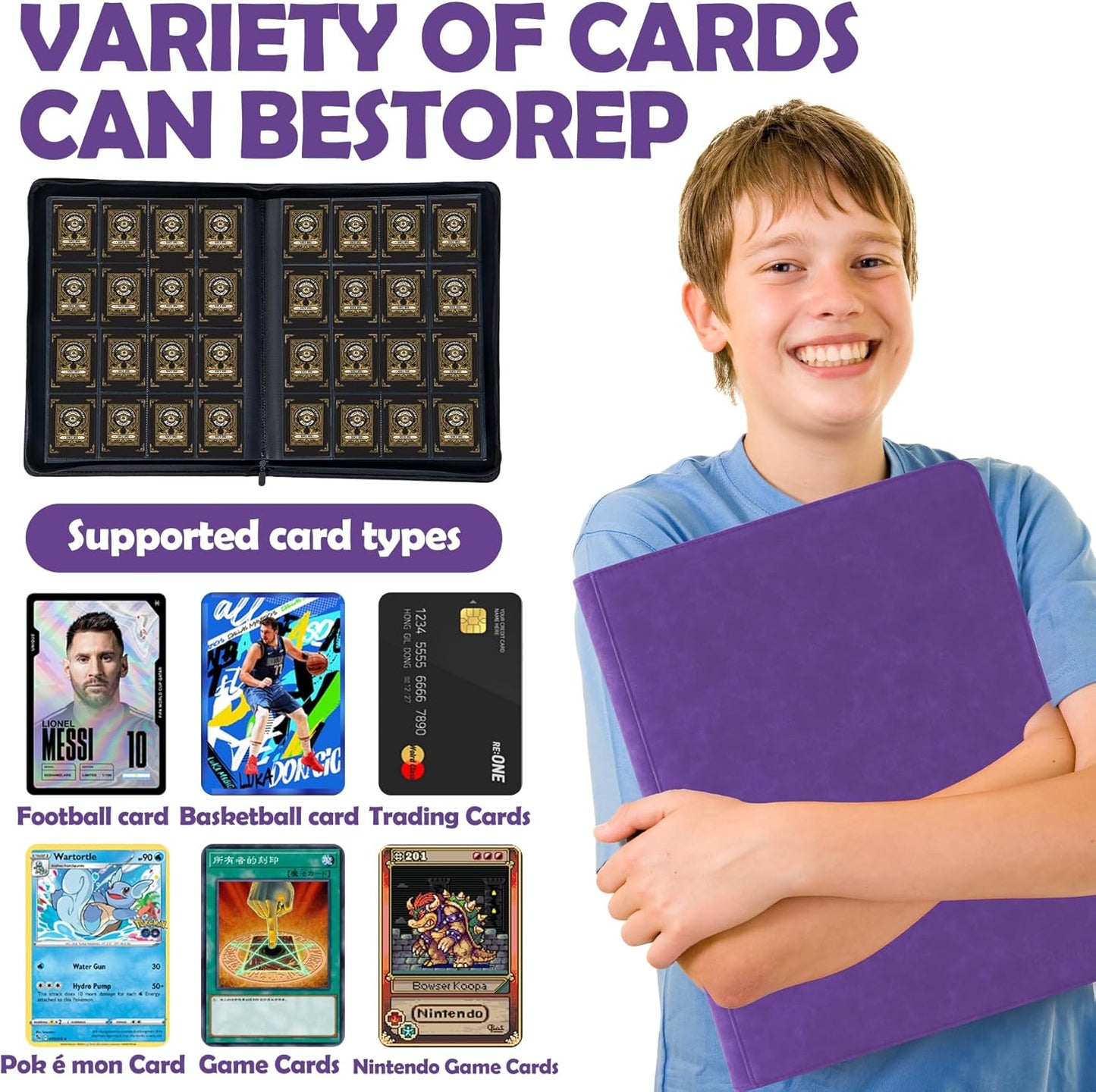 1000+ Pockets Trading Card Binder, 16 Pockets Trading Card Binder Ringless Side Loading Trading Card Album Folder for TCG,MTG,Sports Cards(Purple)