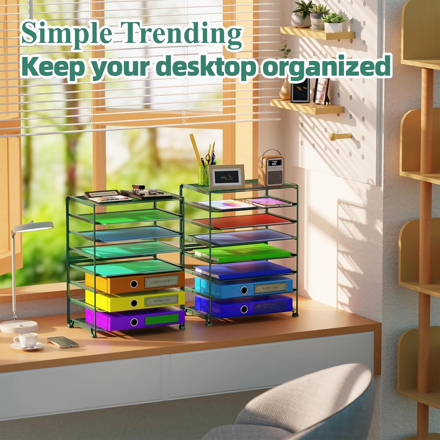Simple Trending 2 Pack 8 Tier Letter Tray Paper - Mesh Desk File Organizer for Office School Desktop, Green