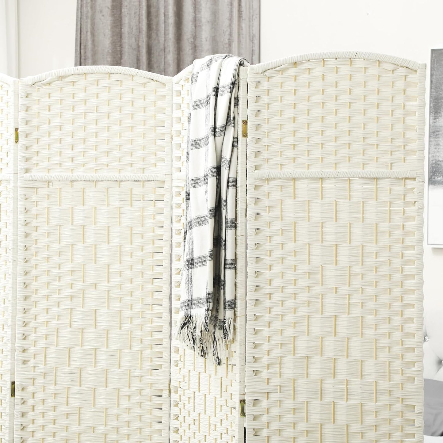 HOMCOM 4 Panel Room Divider, 6' Tall Folding Privacy Screen, Hand-Woven Freestanding Wall Partition for Home Office, Bedroom, White