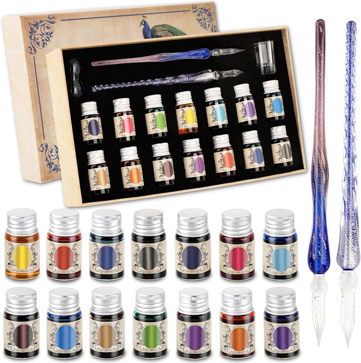 Calligraphy Pens, Dip Pen Set with 14 Color Inks, Glass Writing Instrument for Beginners