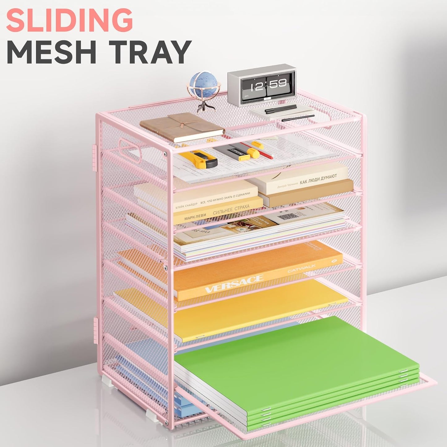 Paper Organizer with Handle Metal Mesh File Sorter Large Capacity Desk Organizers Paper Letter Tray Desktop Document Sorter for Office or Home2 Pack 8 Tier Pink Storage for Desk