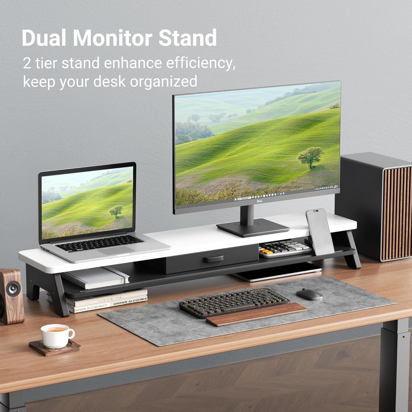 Dual Monitor Stand Riser,LED 2-Tier 39.3 Inch Computer Monitor Stand for 2 Monitors,Office Desktop Organizer with Storage Drawer and Phone Holder for Laptop,PC,Computer,Printer,White