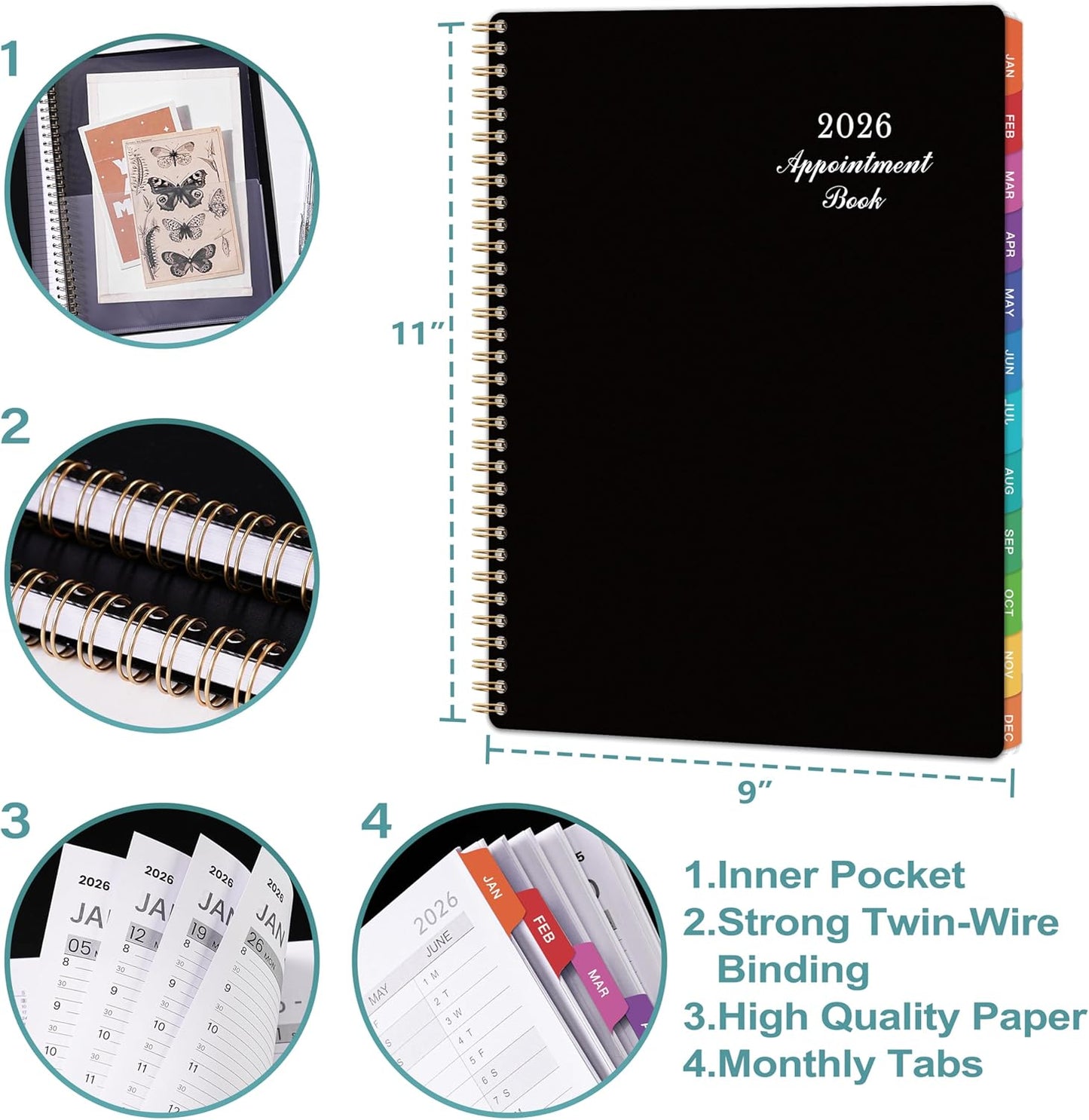 2026 Appointment Book - 2026 Planner, January 2026 - December 2026, 9" x 11", 2026 Daily Hourly Planner, Half Hour (30 Mins) Interval, Colorful Monthly Tabs, Lay-Flat, Inner Pocket