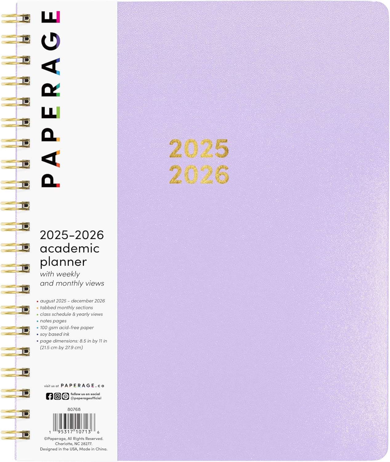 PAPERAGE 17 Month Academic Planner 2025-2026, Weekly & Monthly Spreads, August 2025 - December 2026, Large (8.5 in x 11 in), Lavender