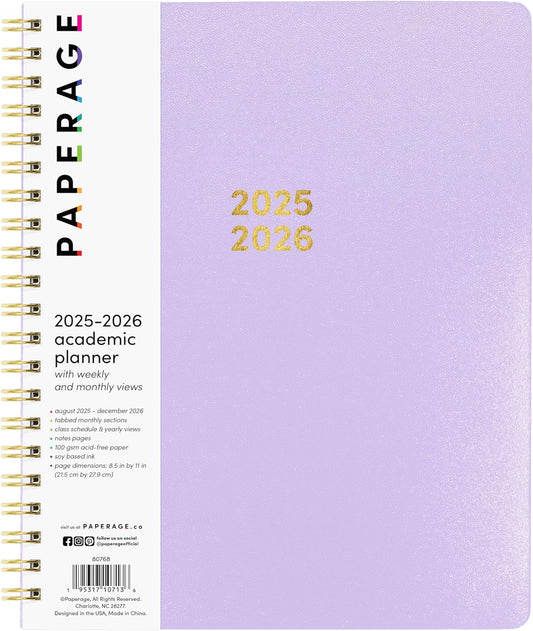 PAPERAGE 17 Month Academic Planner 2025-2026, Weekly & Monthly Spreads, August 2025 - December 2026, Large (8.5 in x 11 in), Lavender