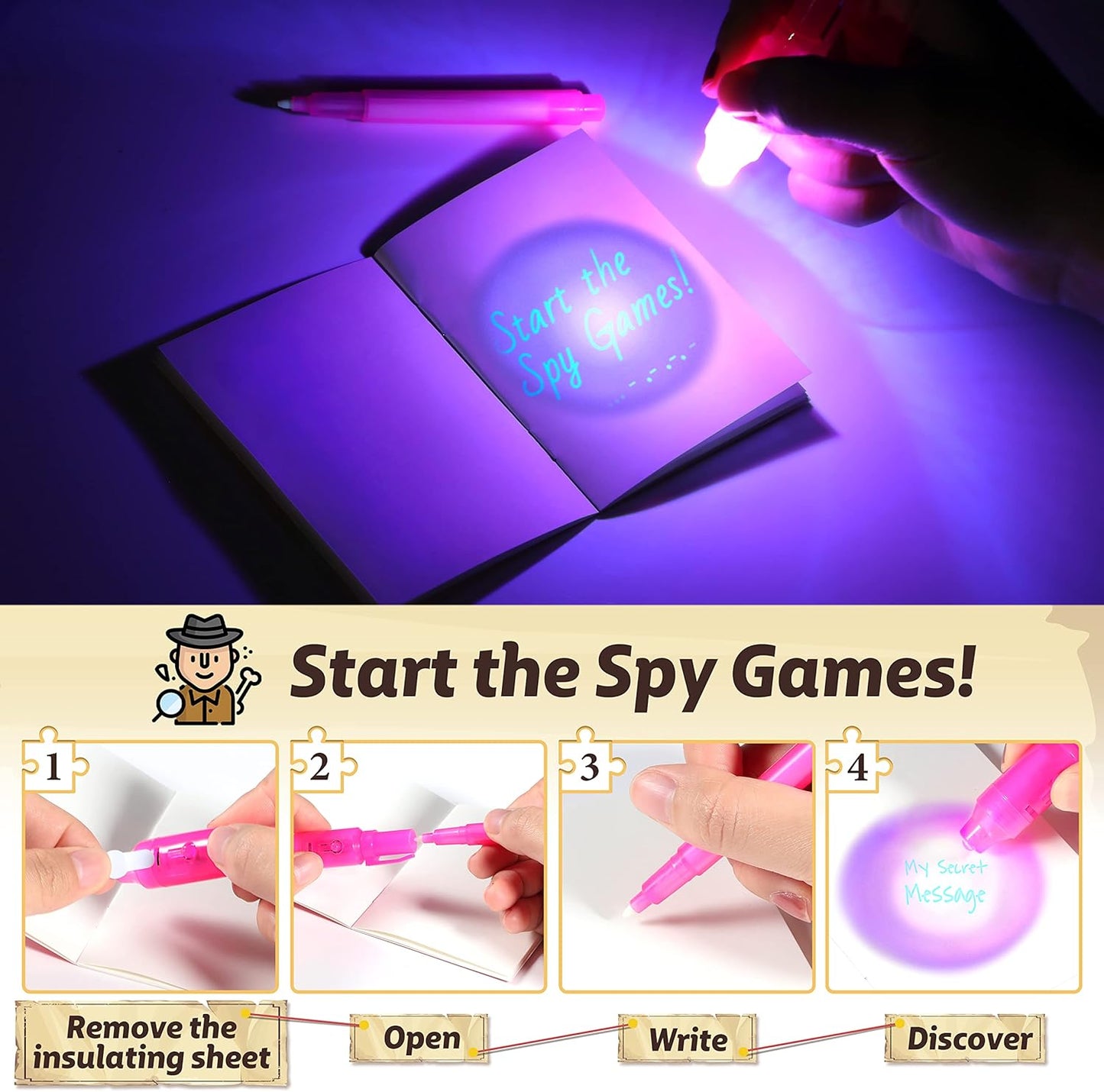 GIFTINBOX Invisible Ink Pens with UV light for Kids, Spy Pen Party Favors for Kids 8-12, 24Pack Invisible Ink Pen and Notebook, Magic Marker for Secret Message Birthday Party Favors for Kid 4-8