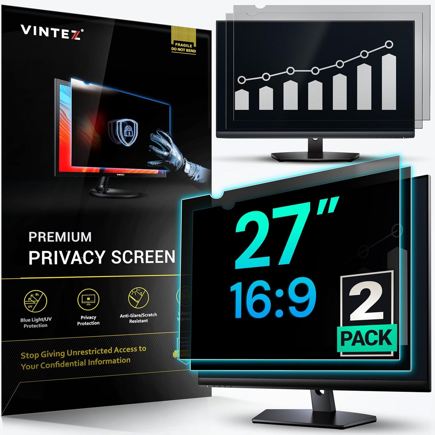 VINTEZ [2 Pack] 27 Inch 16:9 Privacy Screen for Computer Monitor and Laptop - Anti Glare Protector Film Blue Light Filter Eye Protection - Computer Screen Privacy Shield