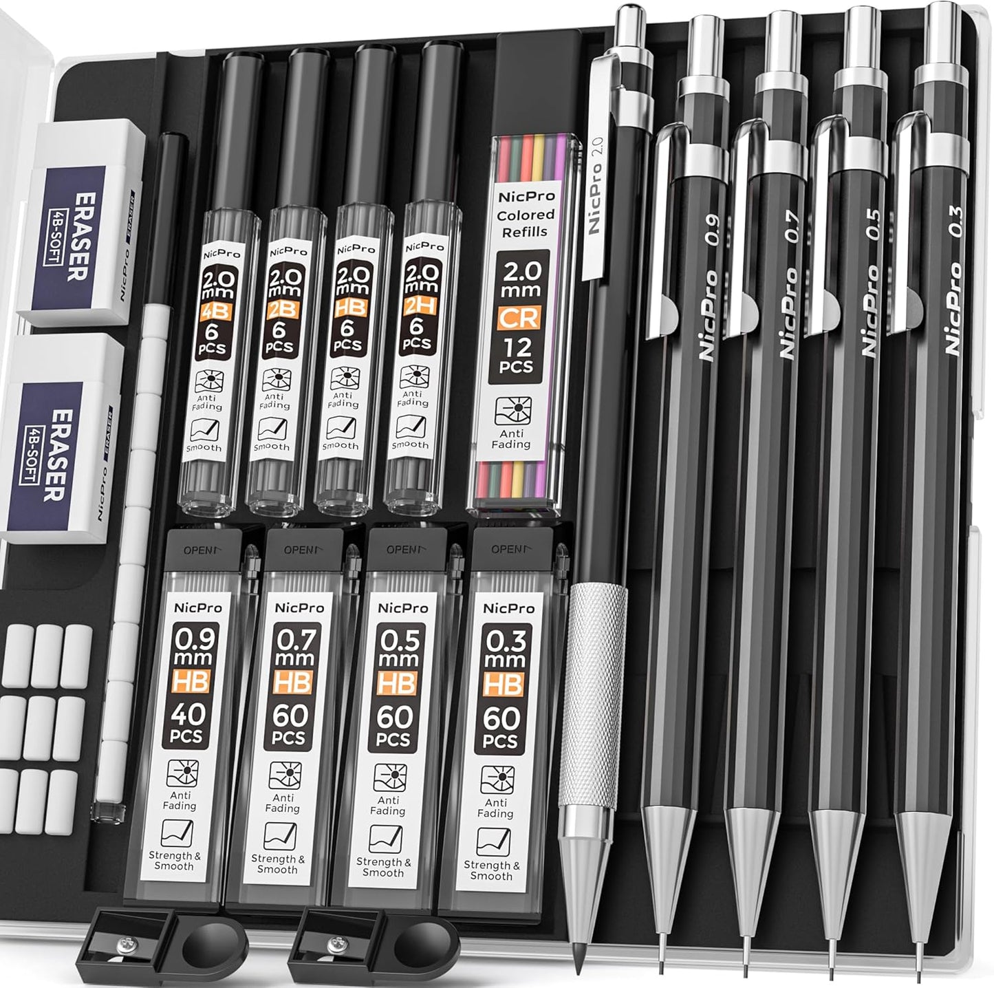 Nicpro Black Art Mechanical Pencil Set in Case, Metal Drafting Pencils 0.3, 0.5, 0.7, 0.9 & 2mm Graphite Holders (2H HB 2B 4B Colored Lead) for Sketching Drawing with 9 Lead Refills, 2 Erasers