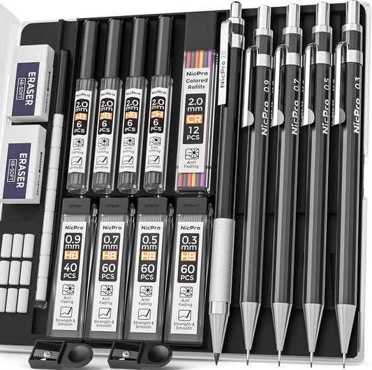 Nicpro Black Art Mechanical Pencil Set in Case, Metal Drafting Pencils 0.3, 0.5, 0.7, 0.9 & 2mm Graphite Holders (2H HB 2B 4B Colored Lead) for Sketching Drawing with 9 Lead Refills, 2 Erasers
