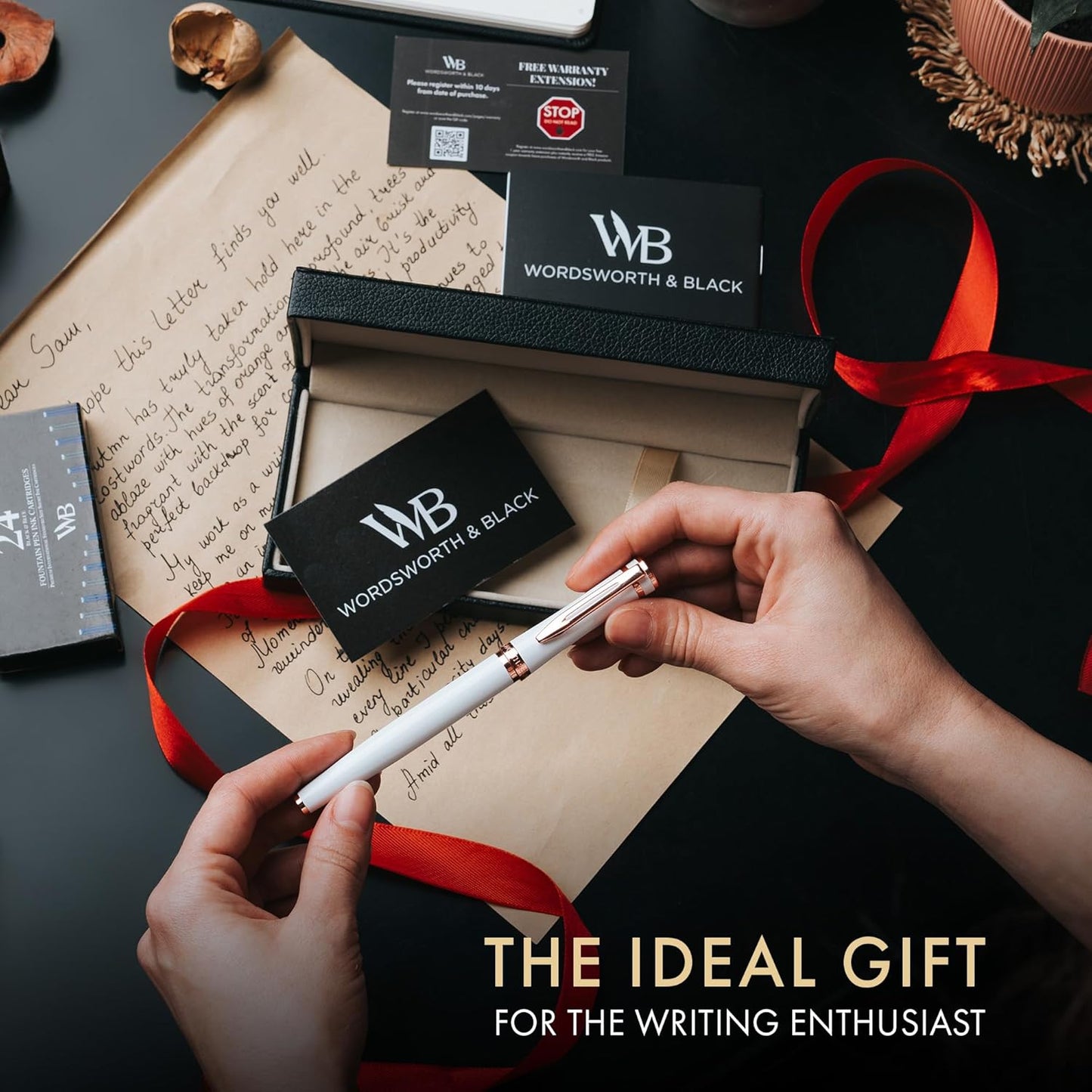 Wordsworth & Black Fountain Pen Set, 18K Gilded Medium Nib, Includes 24 Pack Ink Cartridges, Ink Refill Converter & Gift Box, Gold Finish, Calligraphy, [White Rose Gold], Perfect for Men & Women