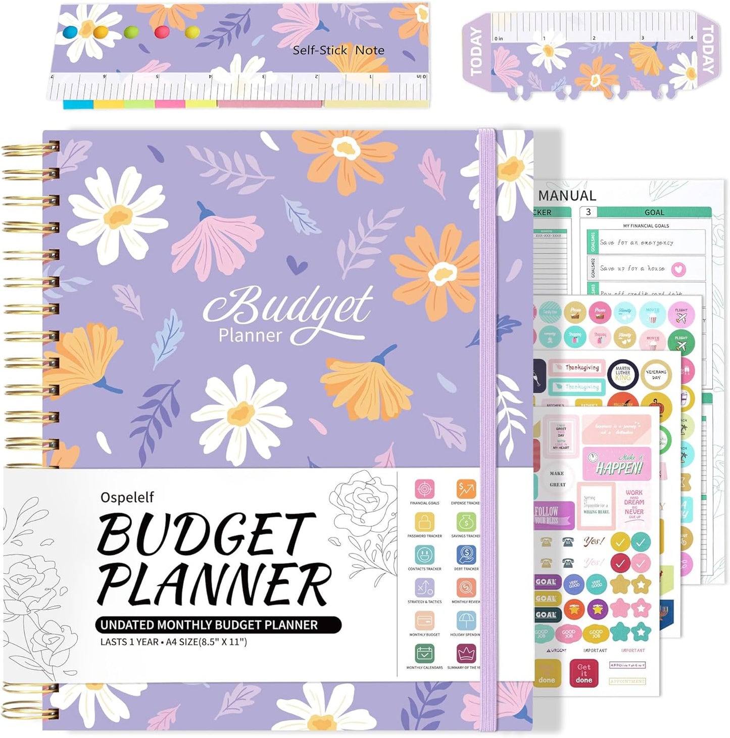 Ospelelf Budget Planner - Monthly Budget Book with Expense Tracker Notebook, Undated 12 Month Bill Organizer & Finance Planner, A4 Account Book with 12 Index Pockets, Zipper Pouch, Stickers Floral 3