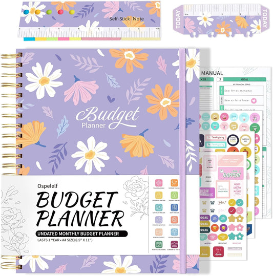 Ospelelf Budget Planner - Monthly Budget Book with Expense Tracker Notebook, Undated 12 Month Bill Organizer & Finance Planner, A4 Account Book with 12 Index Pockets, Zipper Pouch, Stickers Floral 3