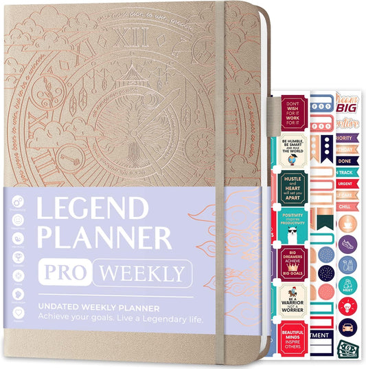 Legend Planner PRO – Deluxe Weekly & Monthly Life Planner to Increase Productivity and Hit Your Goals. Time Management Organizer Notebook – Undated – 7 x 10" Hardcover + Stickers – Seashell