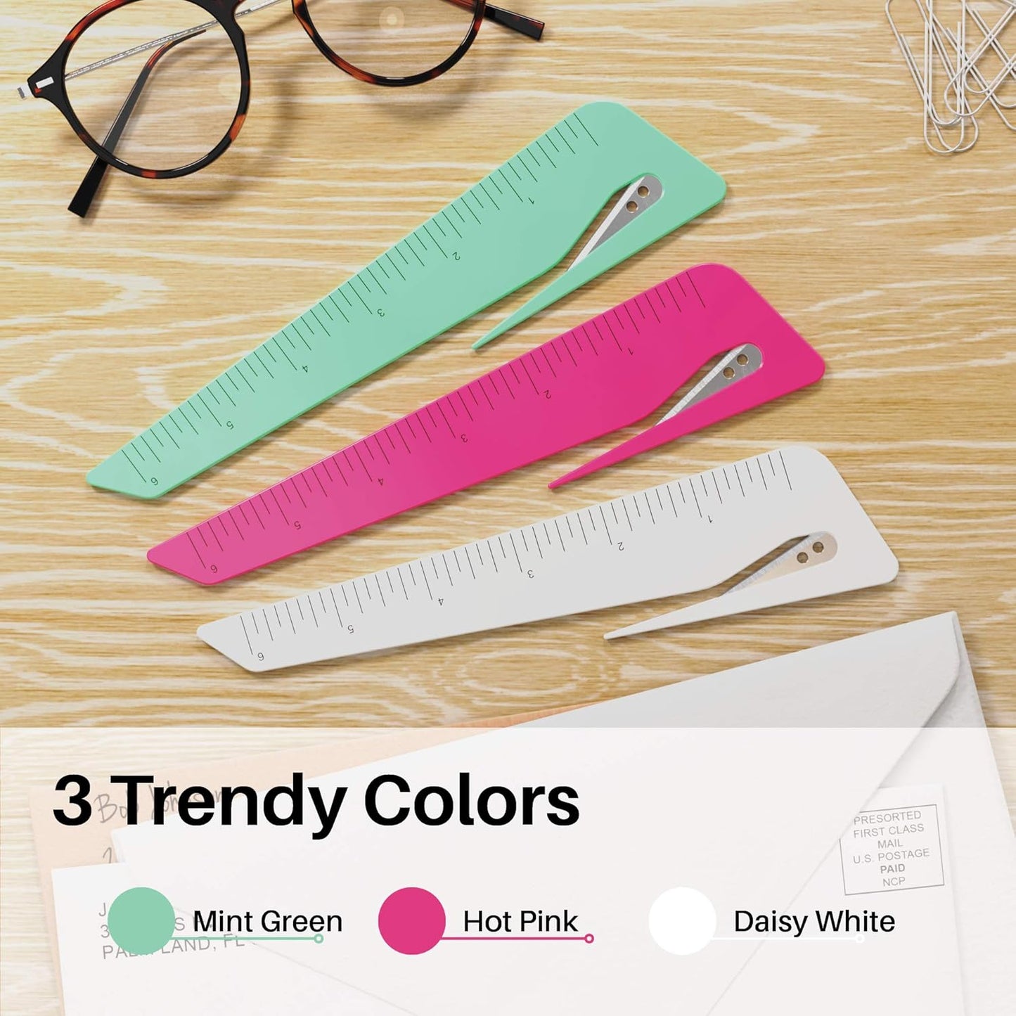 Uncommon Desks Ruler & Letter Opener Combo - Easy to Hold - Oversized Grip - Colorful 6 Inch Ruler - Envelope Opener w/Measuring Tool - Perfect for Crafts, Drafting, Sewing, & Drawing - (3 Pack)