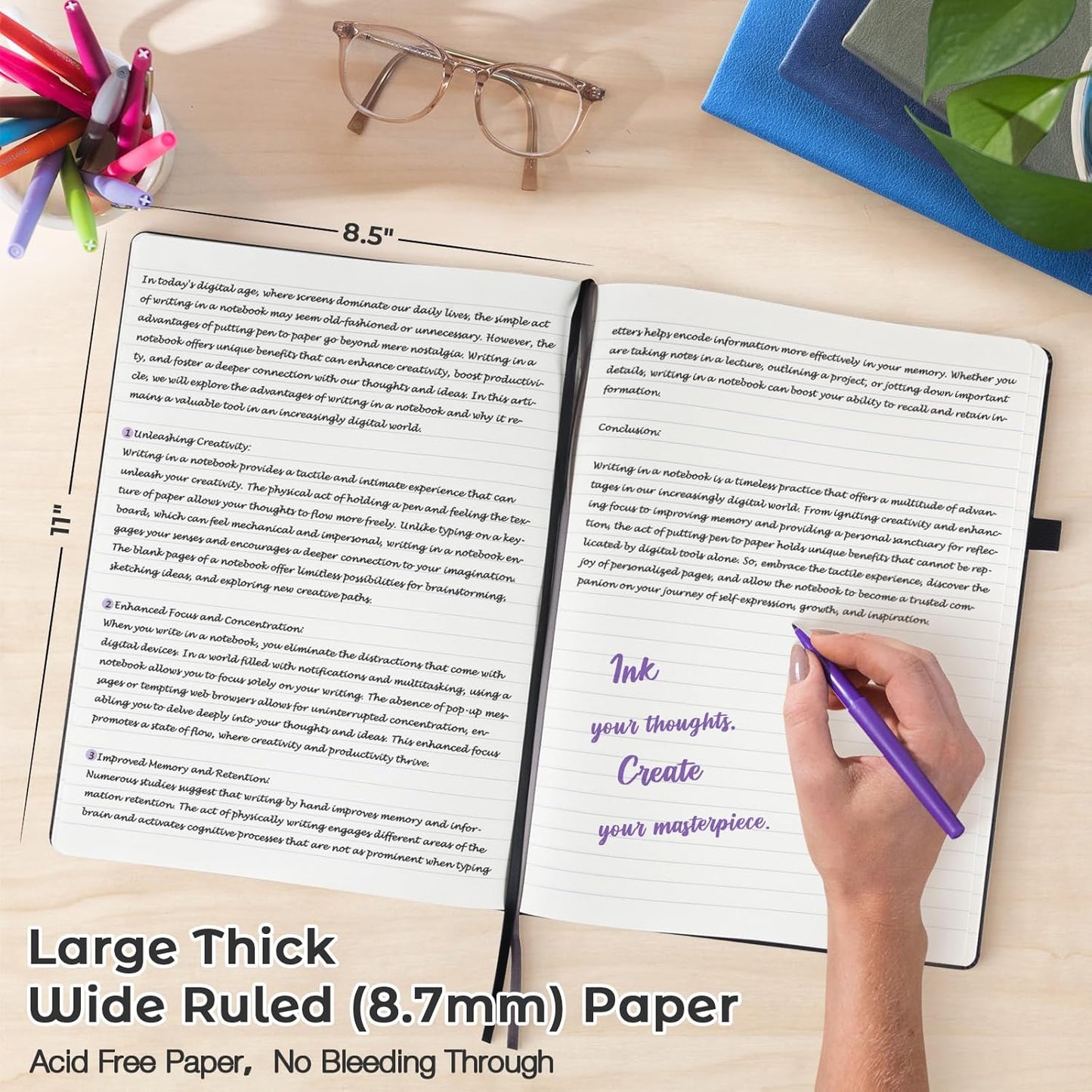 Lined Journal Notebook, 8.5" x 11" Hardcover Leather Notebook for Work, Wide Ruled Notebook Journal for Women Men, 192 Thick Paper, Lay Flat, 2 Pockets, A4 Large Journals for Writing, Black Notebook