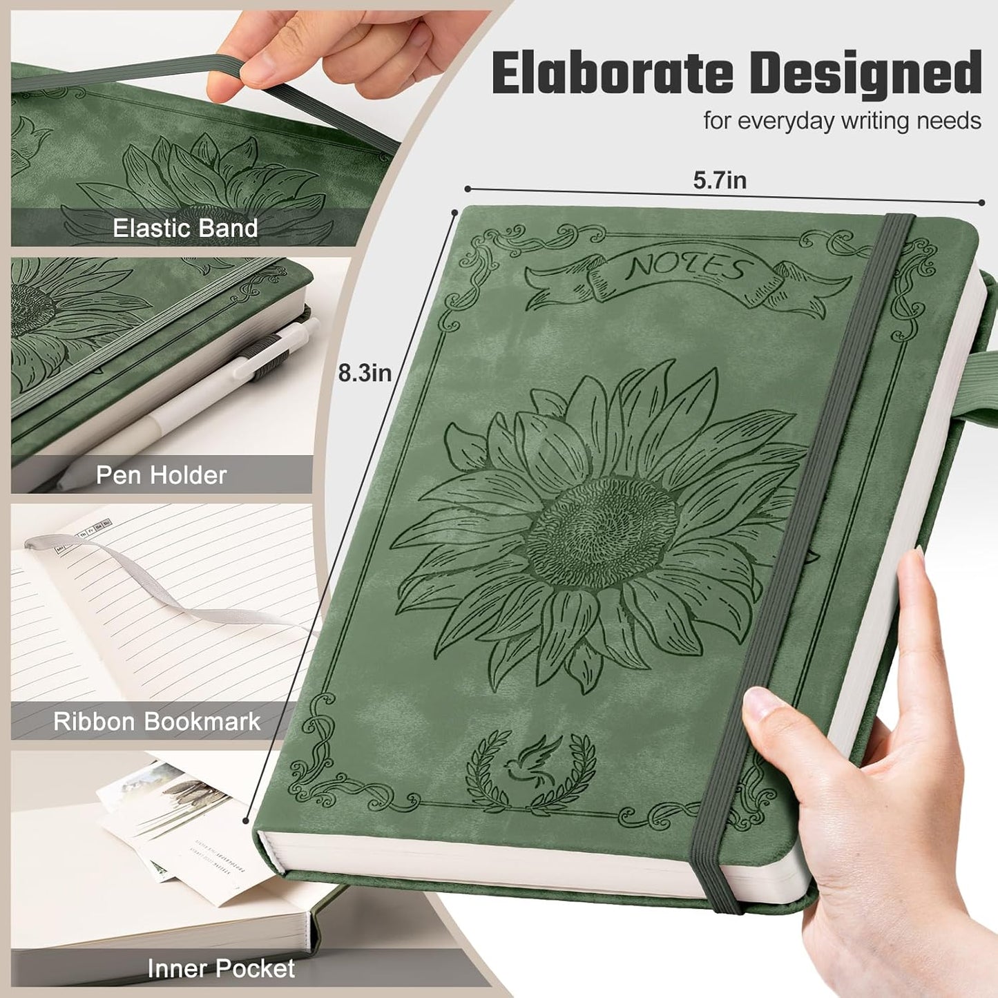 Sunflower Journal for Girls Women Journals for Writing 100GSM College Ruled A5 Leather Notebook for Girls Ages 8-12 Flower Diary with Heart-shaped Shadow, 5.7" x 8.3", Green