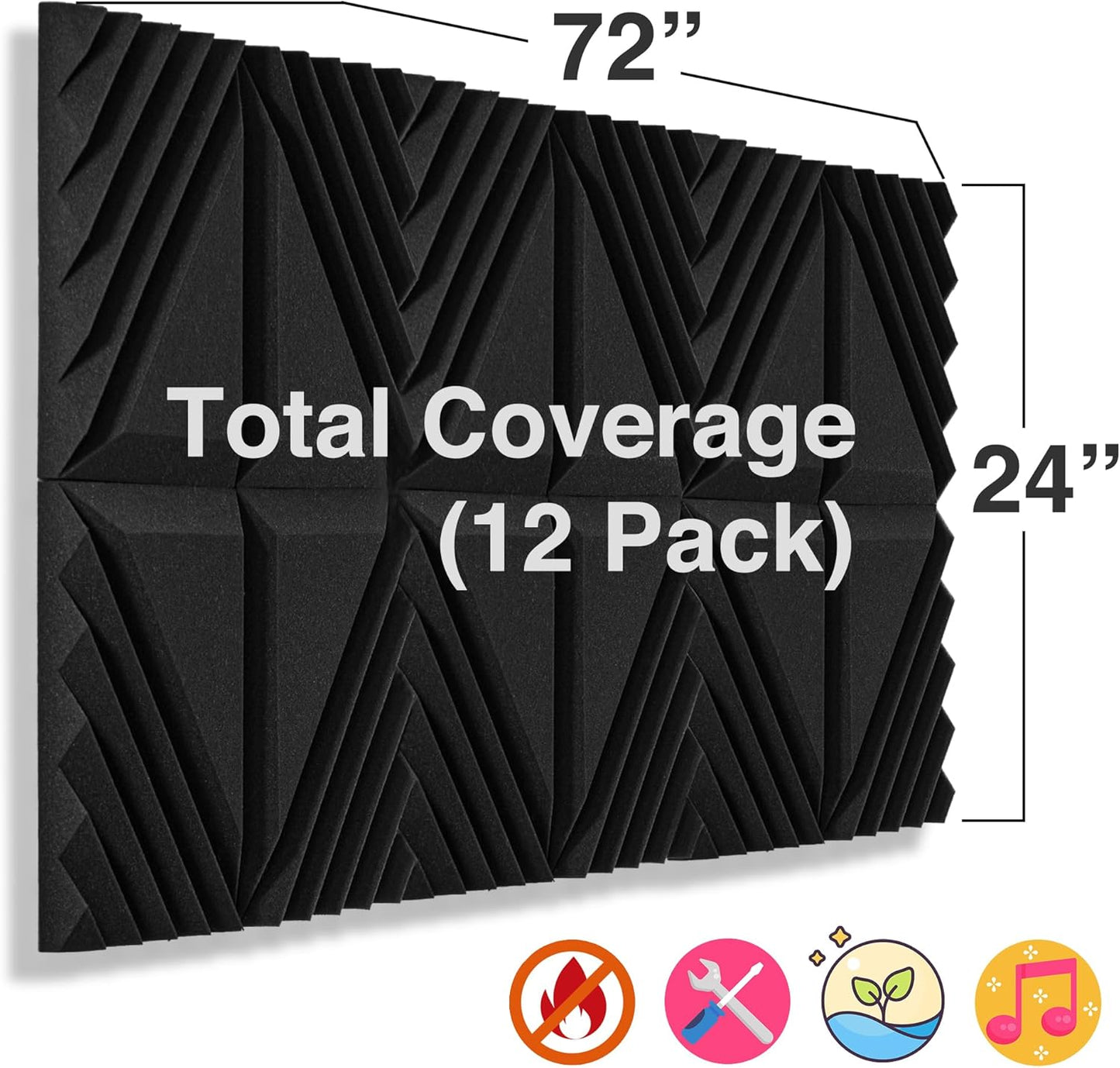 12 Pack Sound Proof Foam Panels for Walls, 12x12x2 Inches Half-Slash Style Acoustic Panels for Home Studio Acoustic Treatment (Black)