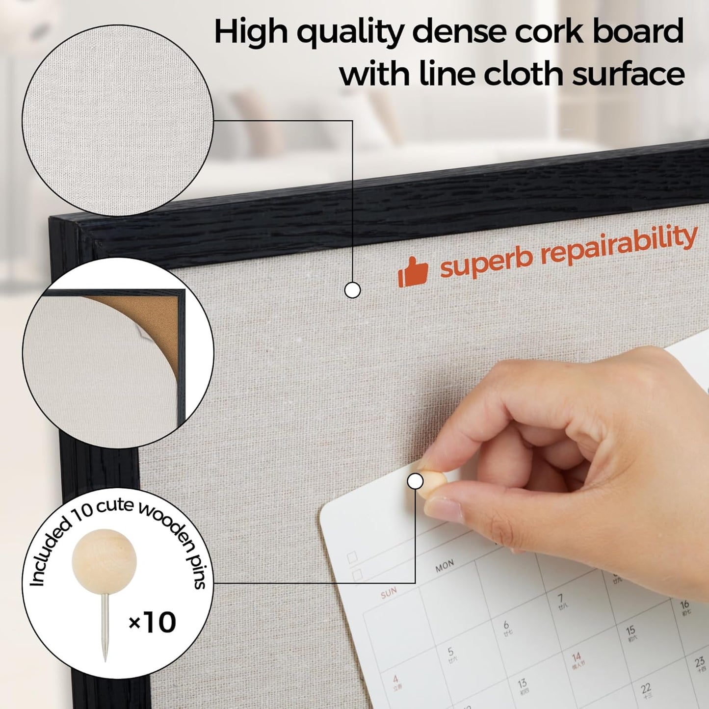 Fun Memories Cork Bulletin Board 24x36 Inches with Oak Wood Frame, Large Wall Mounted Pin Board for Office, Home & School - Includes Thumb Tacks & Hooks (Black)