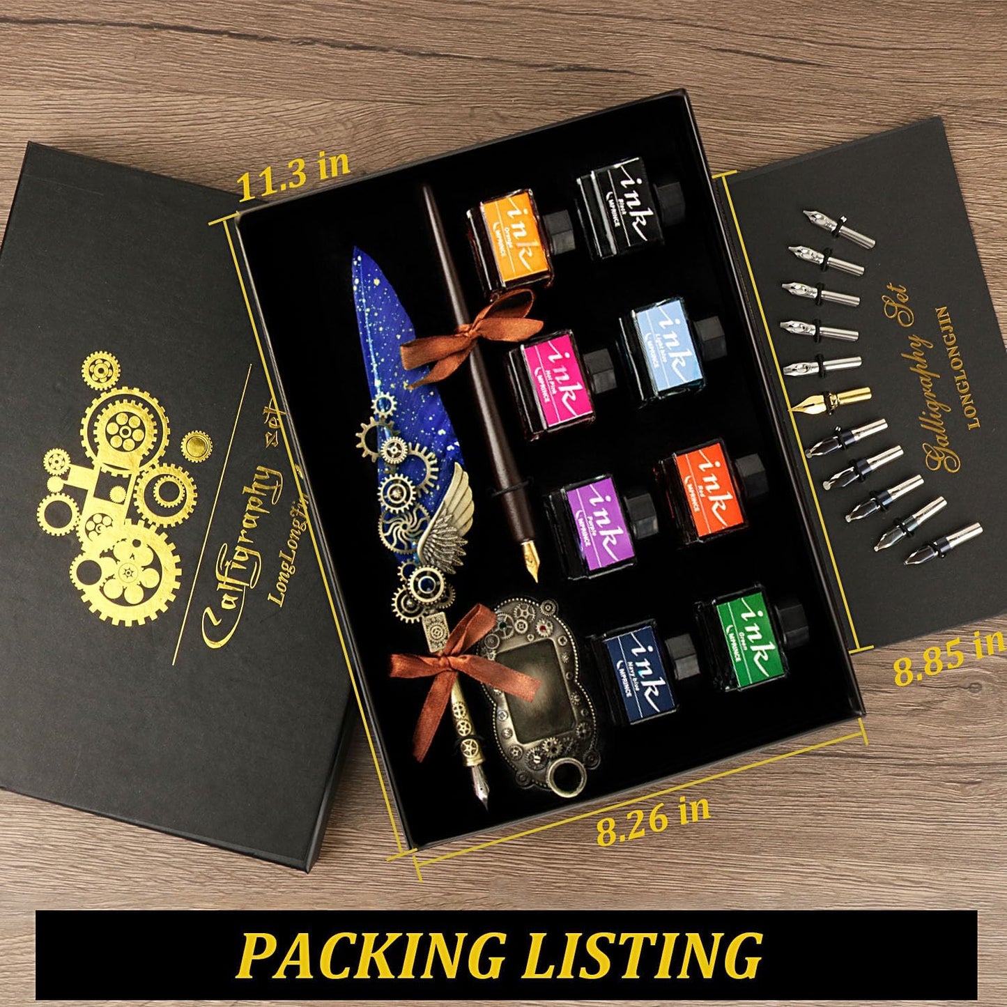 Calligraphy Pens and Ink Set - Calligraphy Kits for Beginners,Quill Pen Includes Dip Pen,8*Colors Ink,11*Calligraphy Pen Nibs（Blue）