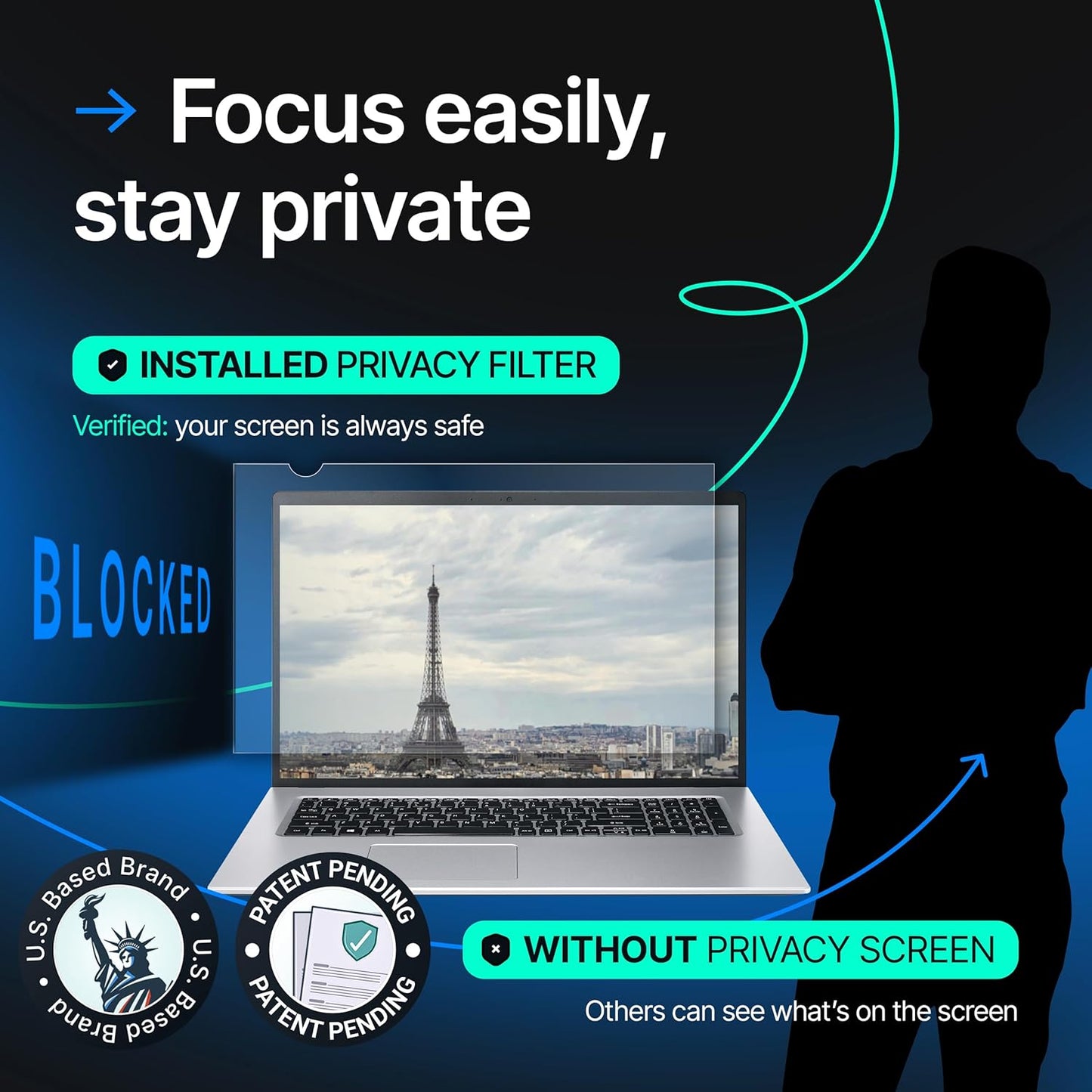 VINTEZ 15.6 Inch 16:9 Privacy Screen for Computer Monitor and Laptop - Anti Glare Protector Film Blue Light Filter Eye Protection - Computer Screen Privacy Shield, [1 Pack]