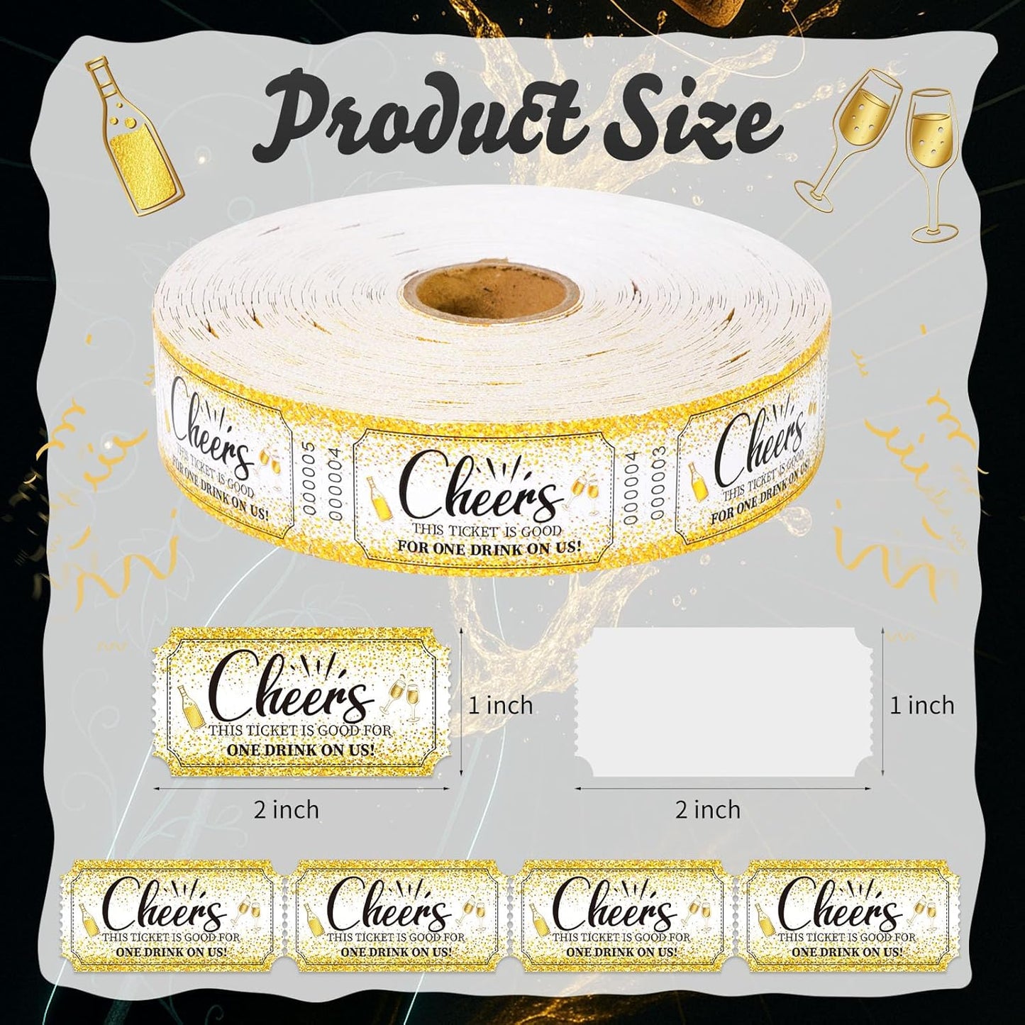 1000 Pcs Drink Ticket Single Raffle Tickets Roll Golden Sequins Cocktail Design Cheers Free Drink Ticket for Events Wedding Work Formal Parties Leisure Class Reward