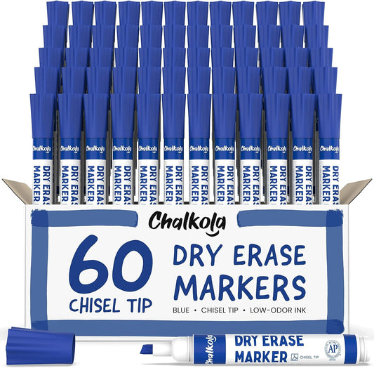 Chalkola 60 Blue Dry Erase Markers Bulk Pack, Blue Chisel Point White Dry Erase Pens - Low Odor Whiteboard Markers for Kids, Home, Office, Back to School Supplies