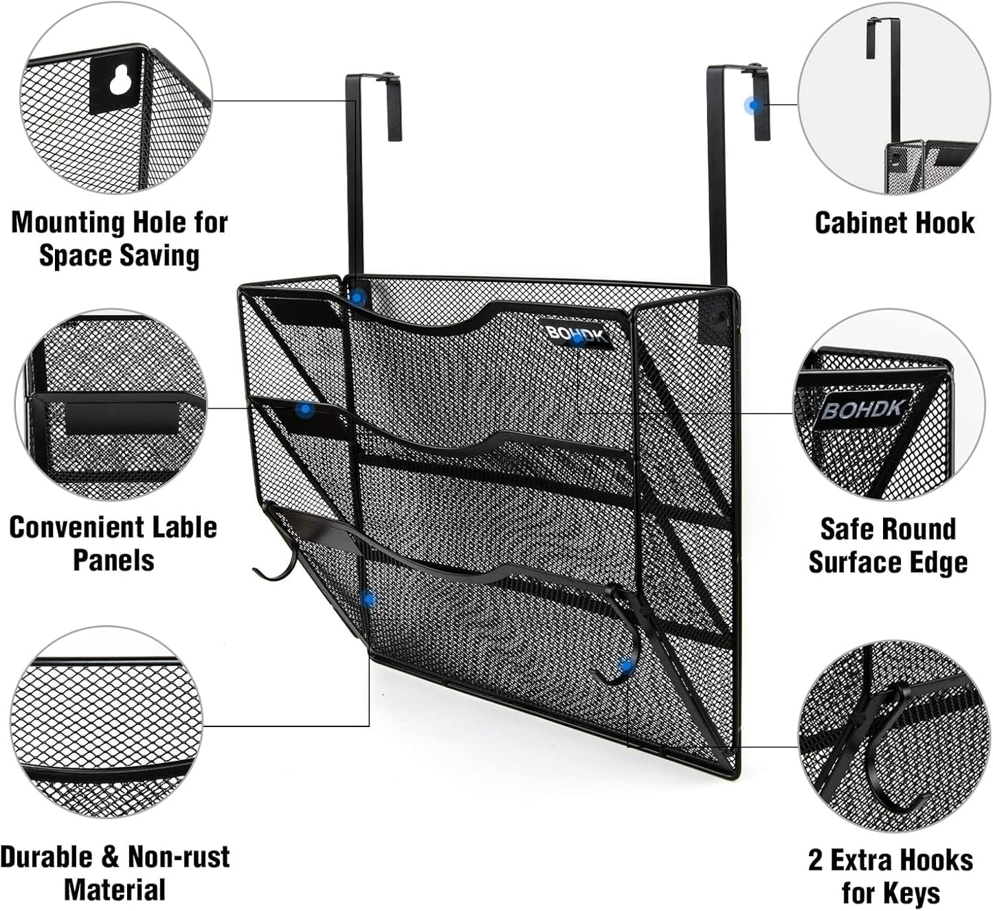 Wall File Organizer, 3 Tire Hanging File Folder Mail Organizer, Vertical Mesh Metal Door/Wall Mount Hanging File Holder, Paper Document Magazine Rack with Hooks for Home Office Black