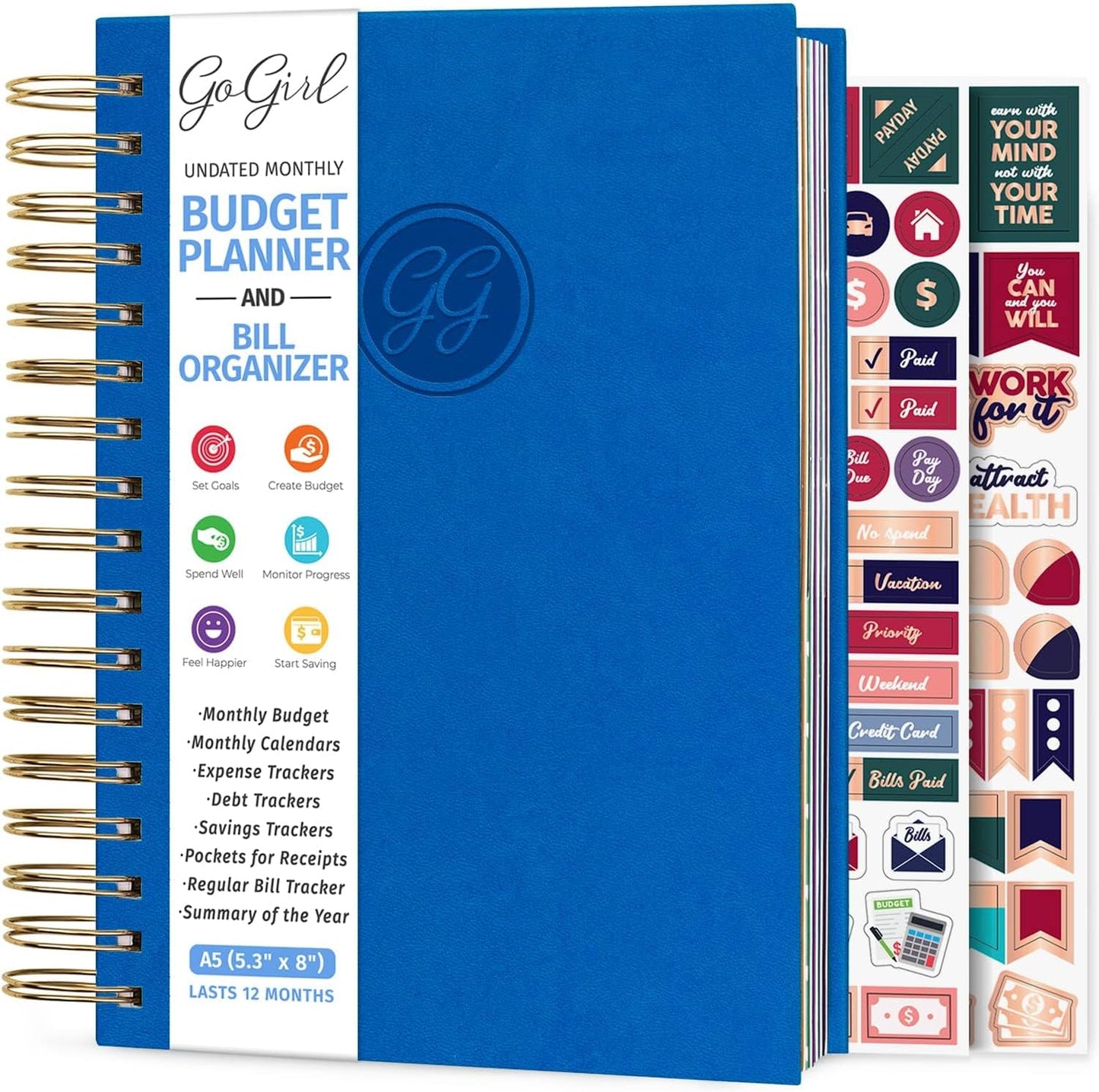 GoGirl Budget Planner & Monthly Bill Organizer – Monthly Financial Book with Pockets. Expense Tracker Notebook Journal, Compact (Blue)
