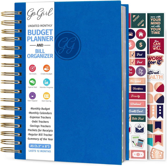 GoGirl Budget Planner & Monthly Bill Organizer – Monthly Financial Book with Pockets. Expense Tracker Notebook Journal, Compact (Blue)