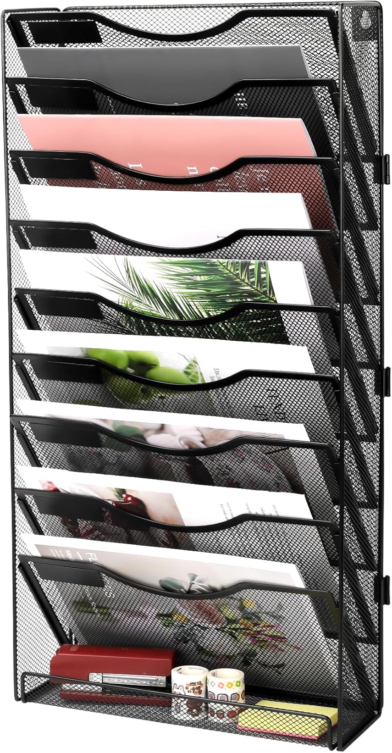 EasyPAG Wall File Holder Organizer 10 Tier Mesh Hanging Wall Mounted Document Paper Folder Filing Magazine Rack with Nametag Label for Office Home School, Black