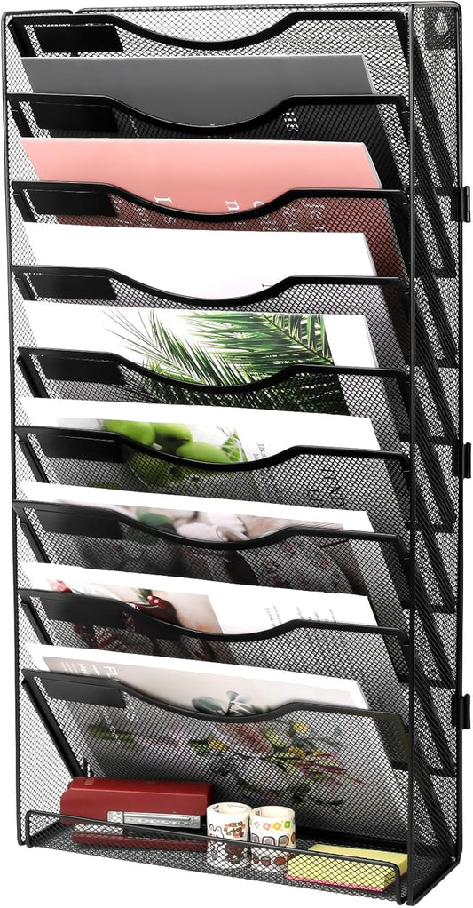 EasyPAG Wall File Holder Organizer 10 Tier Mesh Hanging Wall Mounted Document Paper Folder Filing Magazine Rack with Nametag Label for Office Home School, Black