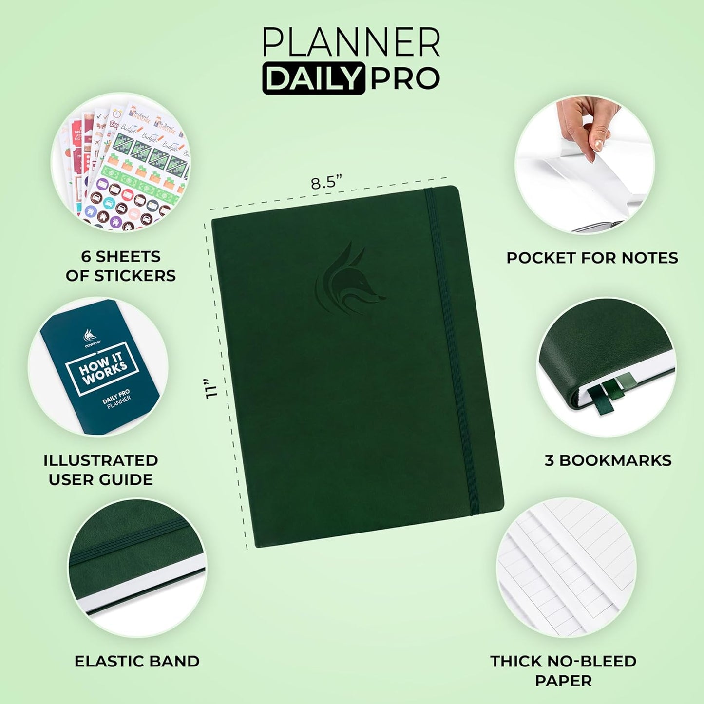 Clever Fox Planner Daily PRO - 8.5 x 11" A4 Size Daily Life Planner and Gratitude Journal to Increase Productivity, Time Management and Hit Your Goals - Undated - Lasts 3 Months (Forest Green)