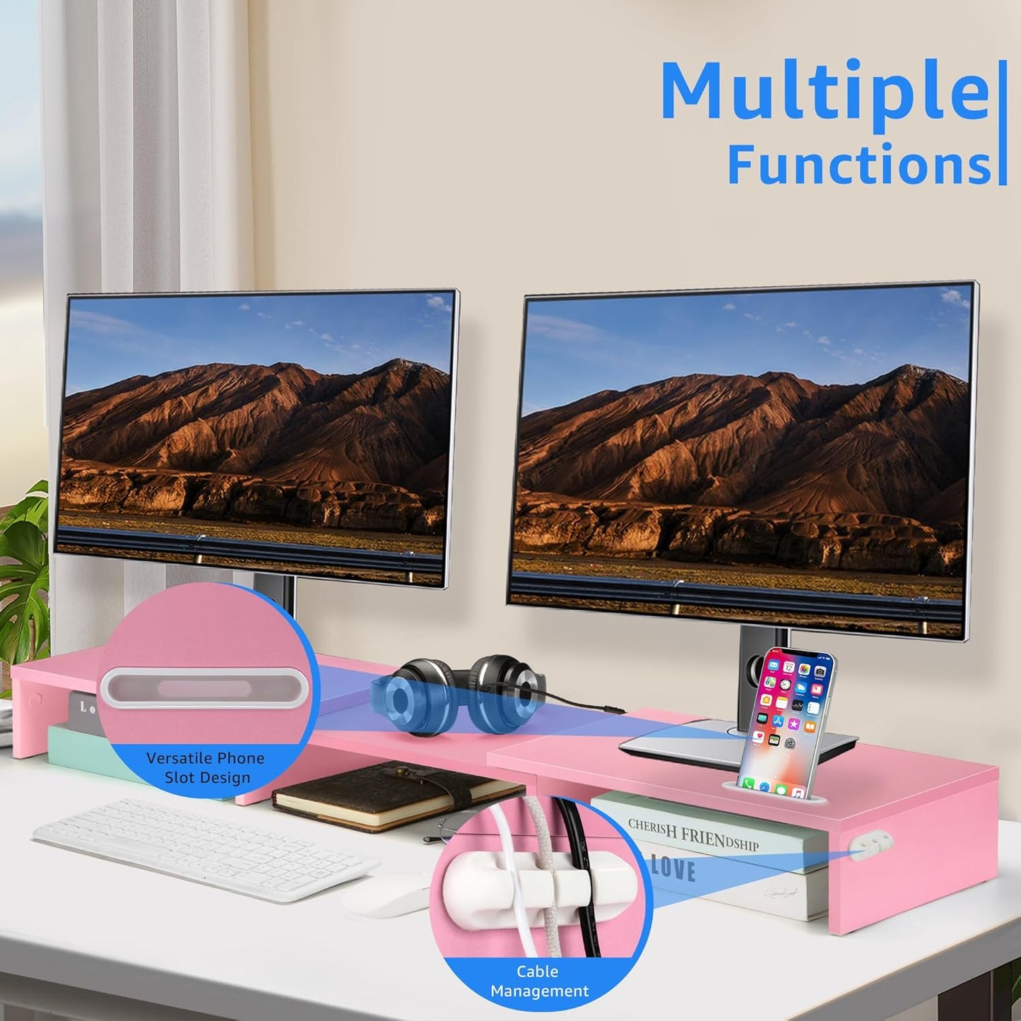 Dual Monitor Stand Riser for 2 Monitors, Monitor Stand for Desk, Adjustable Length & Swivel Angle Wooden Desktop Organizer Stand Riser with Smartphone Holder for PC Monitor Laptop, Pink