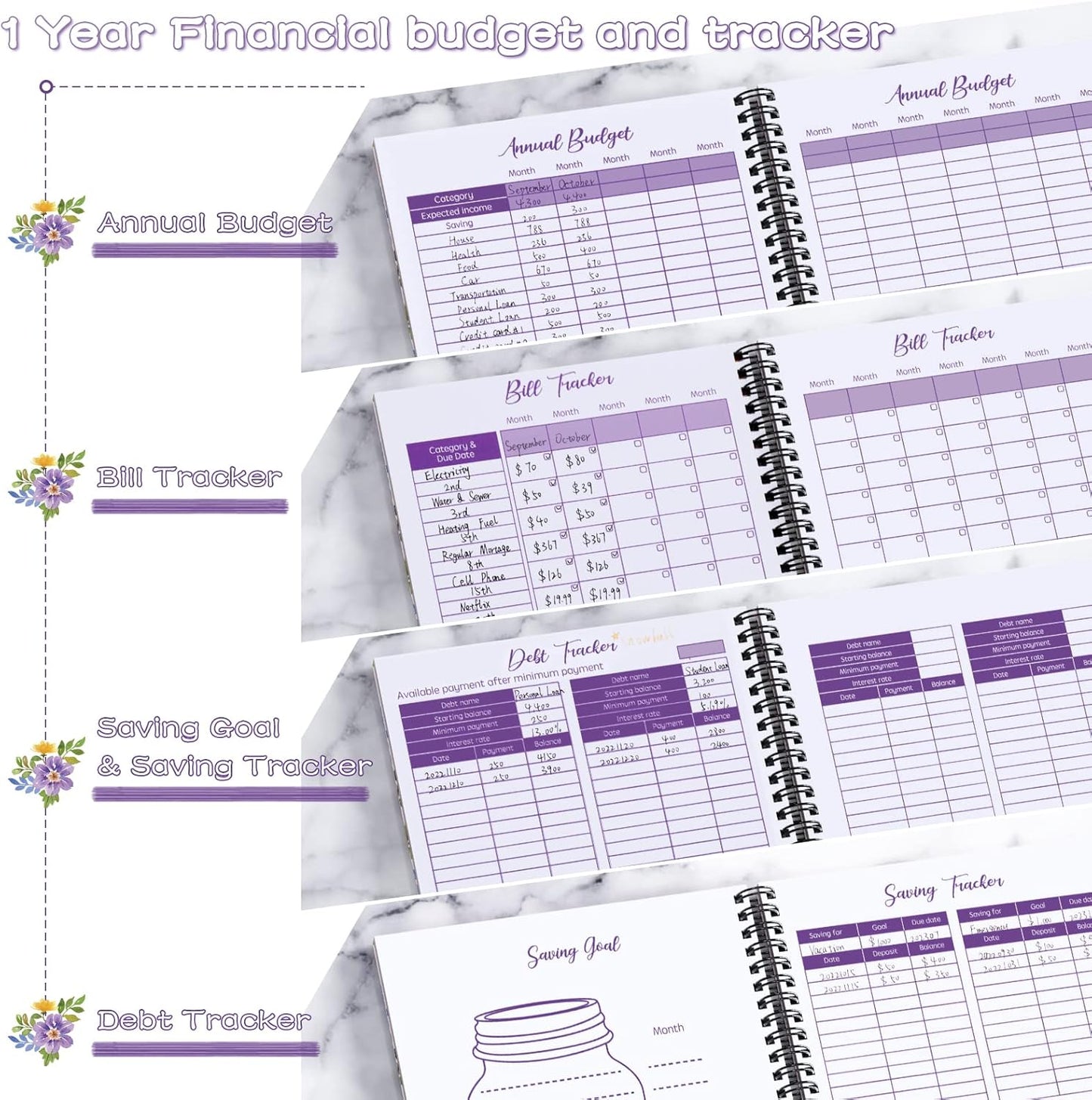 [Undated] Monthly Budget Planner with 12 Bill Pockets for Income, Debt, Saving, Expense and Bill Tracker Organizer, Pink, Floral Design