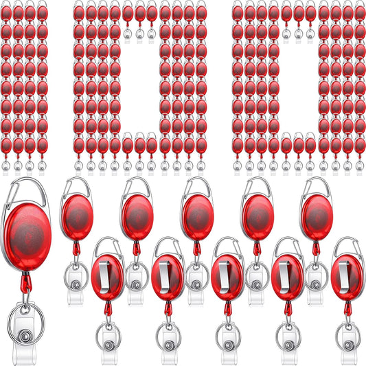 100 Pack Retractable Badge Reels Bulk Heavy Duty Badge Reel Holders with Carabiner Belt Clip and Keychain for Lanyard Card Nurse School Office Employee (Clear Red)