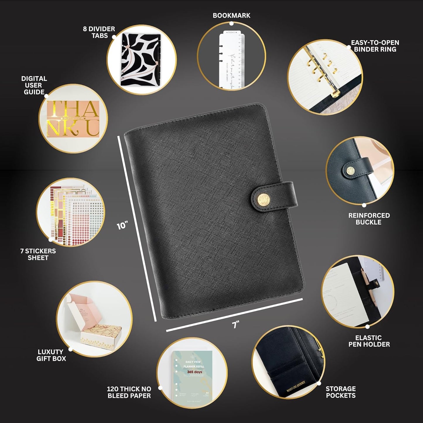 Bossy Girl Journey - A5 Week Undated Daily and Monthly Planner A5 Binder – Goal Setting Productivity Planner 120 Creamy GSM, Habit Tracker, 8 Tabs, Stickers + Bookmark & User Guide - Refillable Organizer for Women