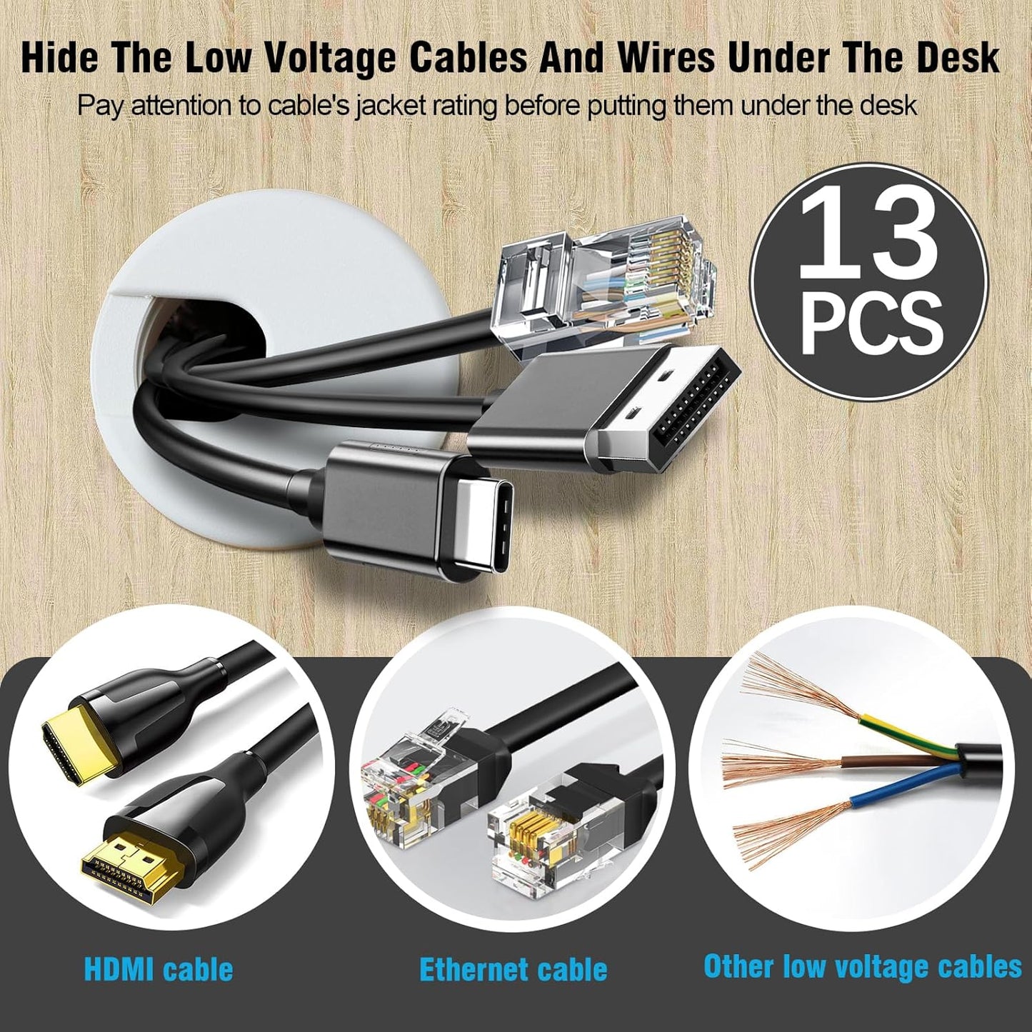 2" White Desk Grommet with Bi-Metal Hole Saw, JTemgle Plastic Cable Hole Cover Computer Table Cord Wire Organizer Caps, Desktop Cord Management for Home Office TV Stands Tabletops, 13 Pieces