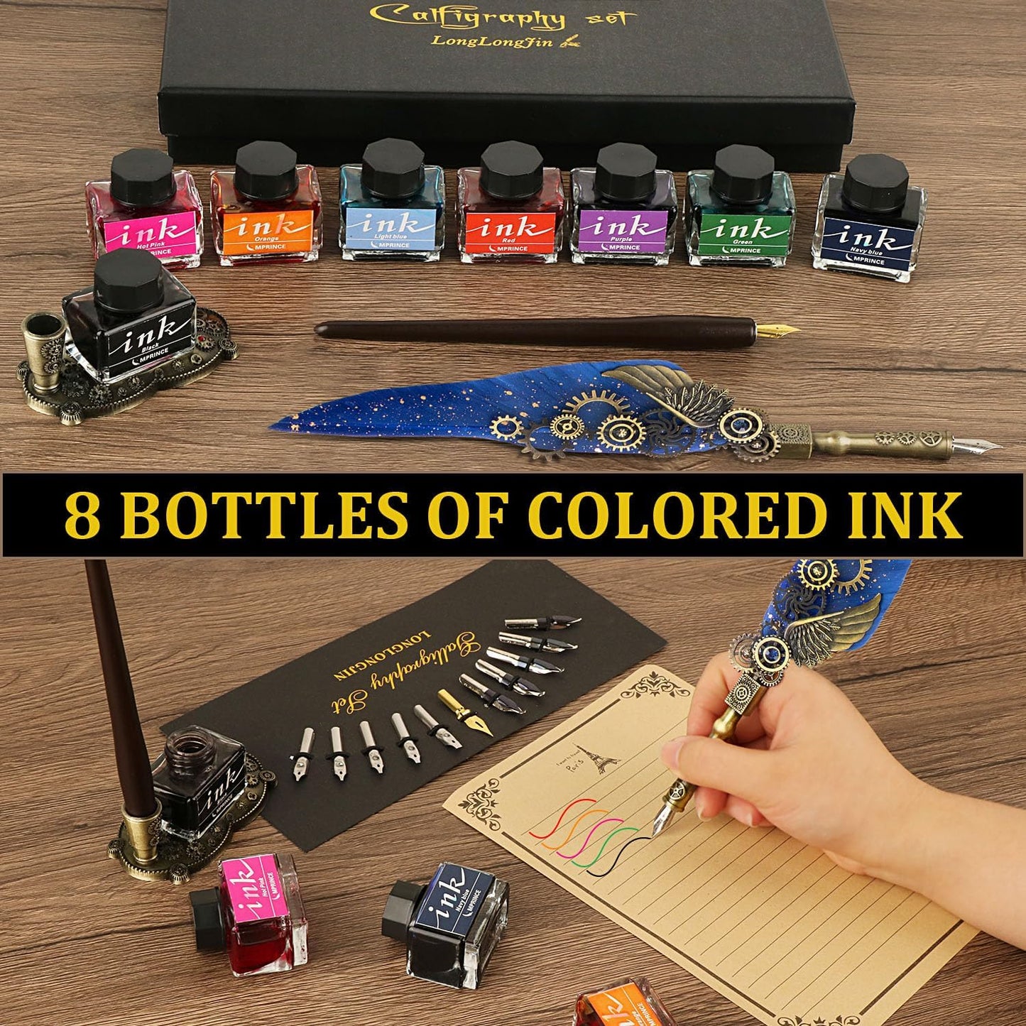 Calligraphy Pens and Ink Set - Calligraphy Kits for Beginners,Quill Pen Includes Dip Pen,8*Colors Ink,11*Calligraphy Pen Nibs（Blue）