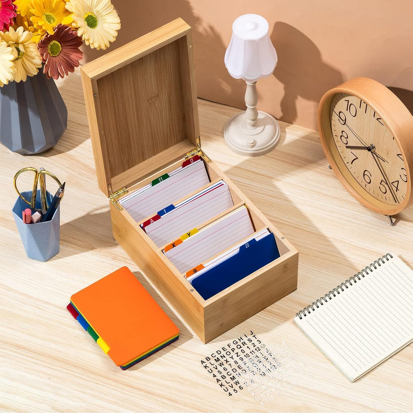Henoyso 4 x 6 Inches Index Card Holder Set, Bamboo Recipe Box Organizer Index Cards Organizer, 50 Pcs Dividers 2 Sheets Alphabet Number Stickers File Note Holders for Office Business Home Kitchen