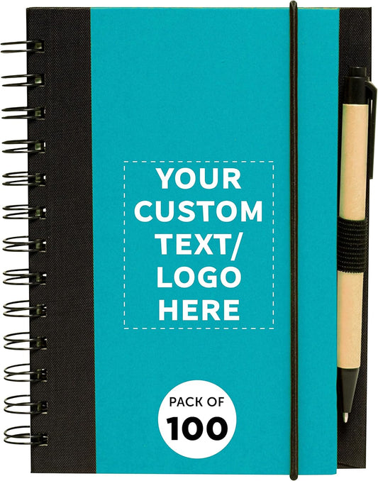 DISCOUNT PROMOS Custom Eco Block Notebooks with Pens Set of 100, Personalized Bulk Pack - Perfect for School, Office, Business, Home - Aqua