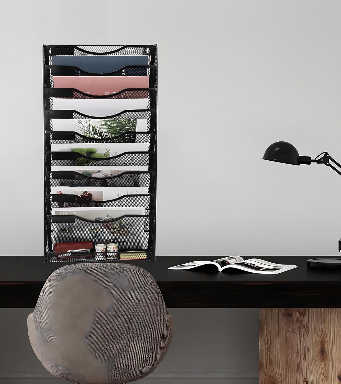 EasyPAG Wall File Holder Organizer 10 Tier Mesh Hanging Wall Mounted Document Paper Folder Filing Magazine Rack with Nametag Label for Office Home School, Black