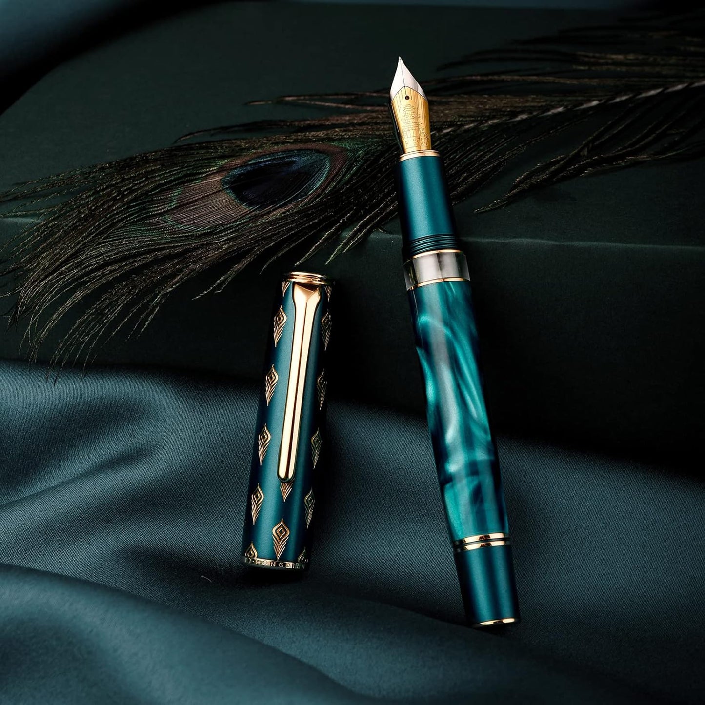 Hongdian N7 Blue Peacock Resin Piston Fountain Pen, Iridium Fine Nib Classic Pen, Smooth Writing Pen with Metal Box