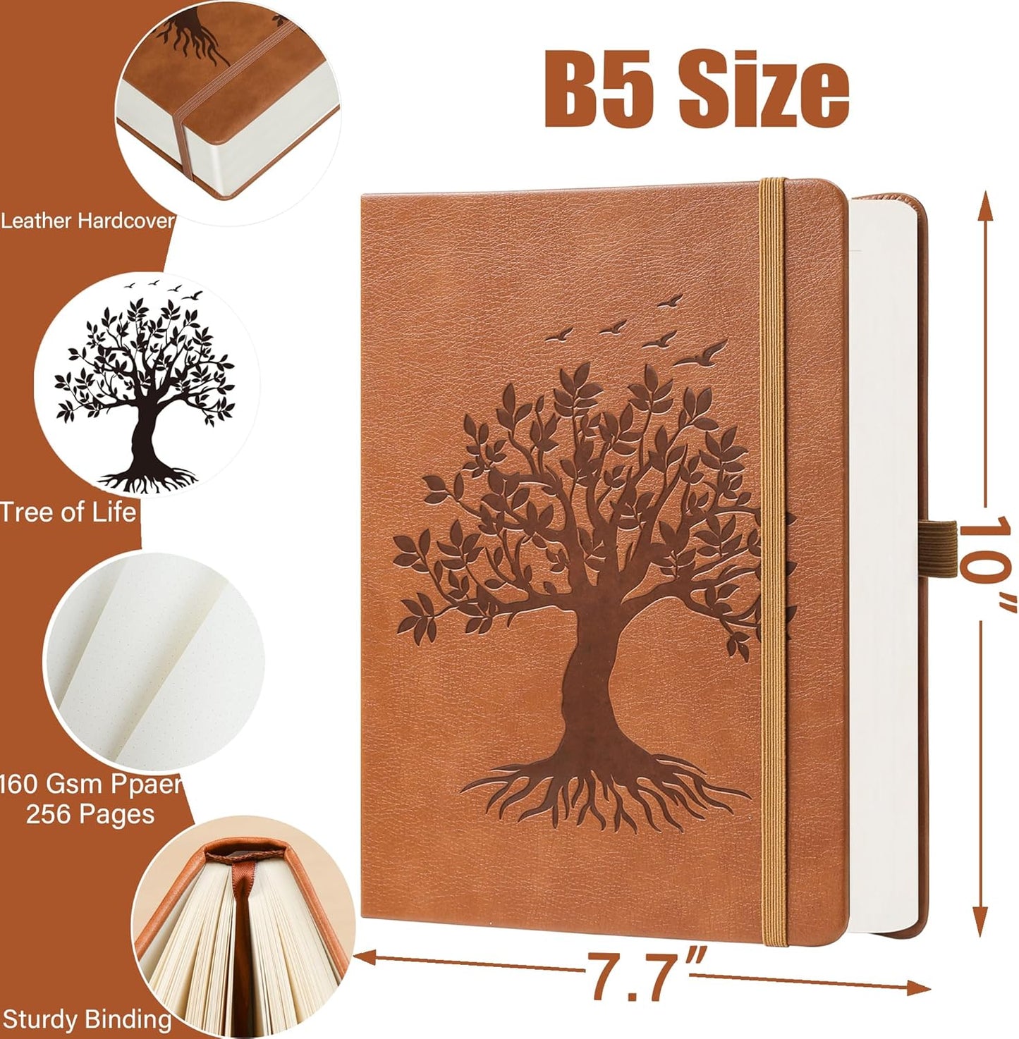 ZXHQ B5 Bullet Dotted Journal Notebook:150 gsm Thick Paper, 256 Pages, Dot Grid Hardcover, Tree of Life Design, Fine Inner Pocket - 7.7" × 10" Brown