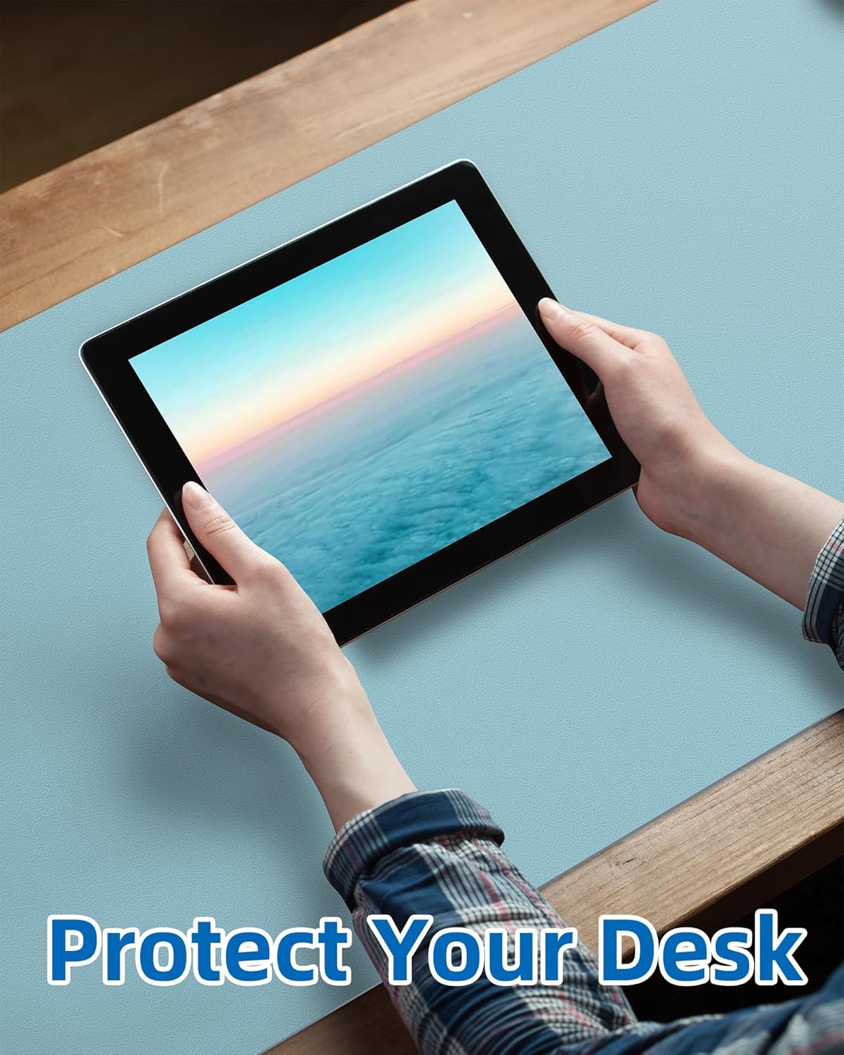 AFIING Leather Desk Pad Protector,Mouse Pad,Office Desk Mat, Non-Slip PU Leather Desk Blotter,Large Desk mat,Waterproof Keyboard mat for Office/Home/Decor (Light Blue,48"" x 17"")