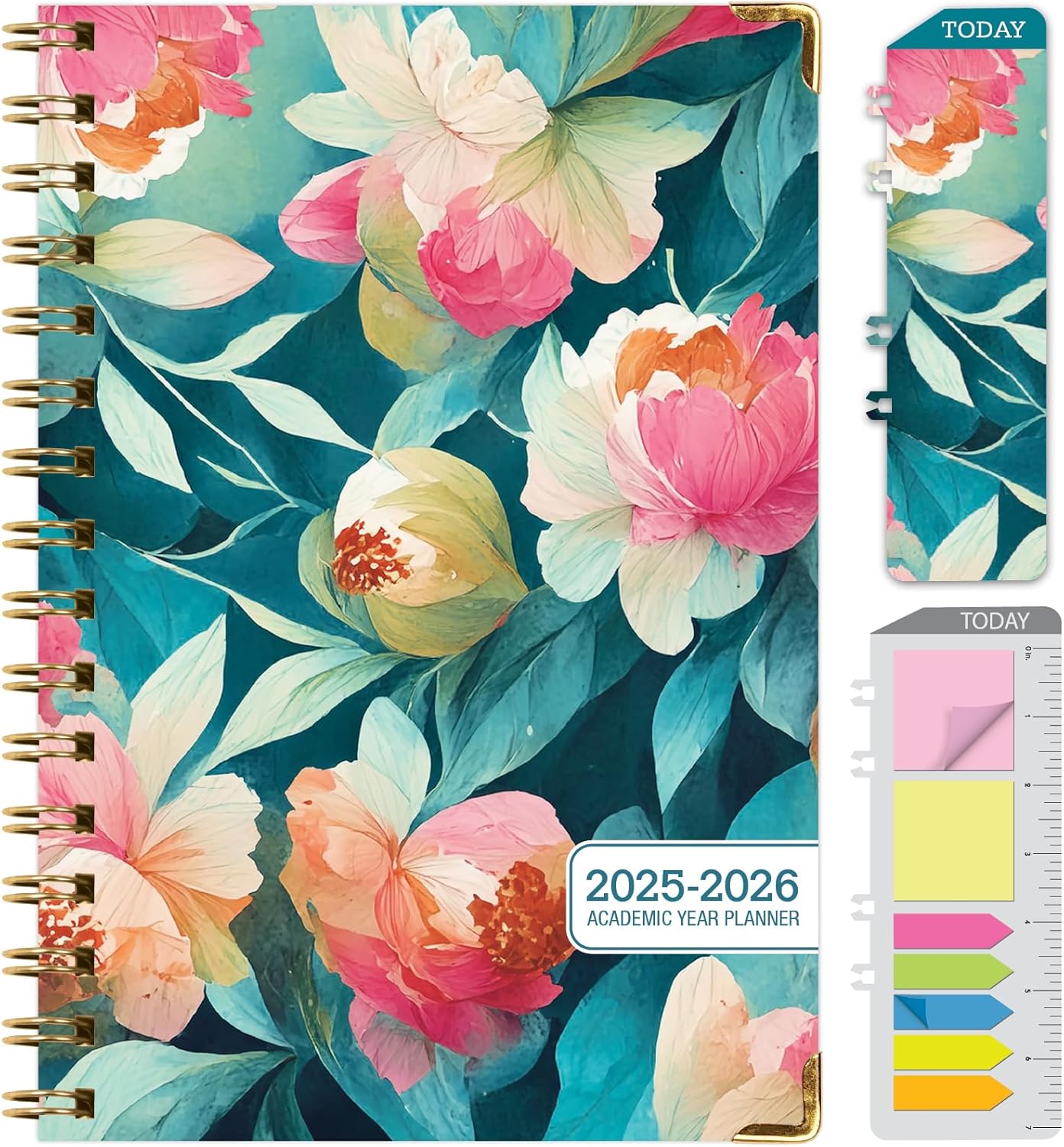 HARDCOVER Academic Year 2025-2026 Planner: (June 2025 Through July 2026) 5.5"x8" Daily Weekly Monthly Planner Yearly Agenda. Bookmark, Pocket Folder and Sticky Note Set (Teal Floral)