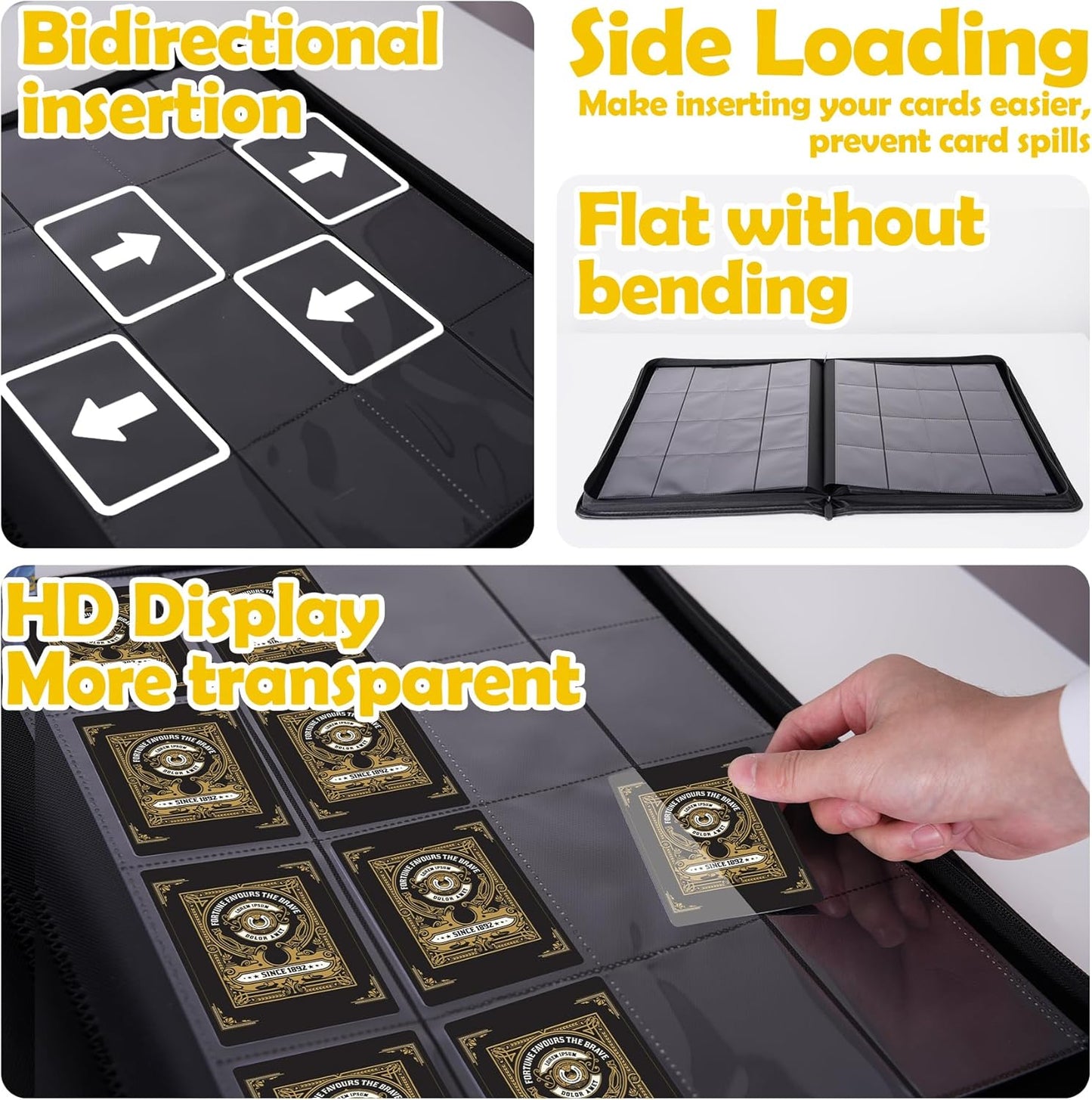 1000+ Pockets Trading Card Binder, 16 Pockets Trading Card Binder Ringless Side Loading Trading Card Album Folder for TCG,MTG,Sports Cards(Yellow)